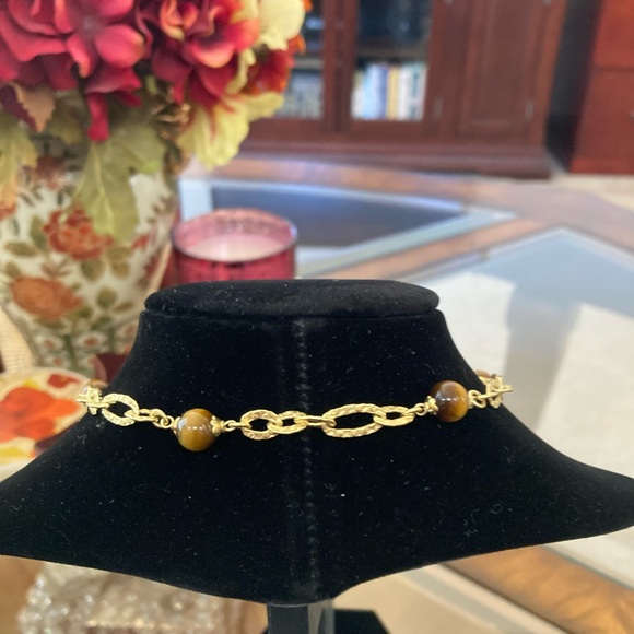Pre-Loved Italian Textured Gold Plated Lariat Necklace With Tiger’s Eye Beads - Picture 4 of 4